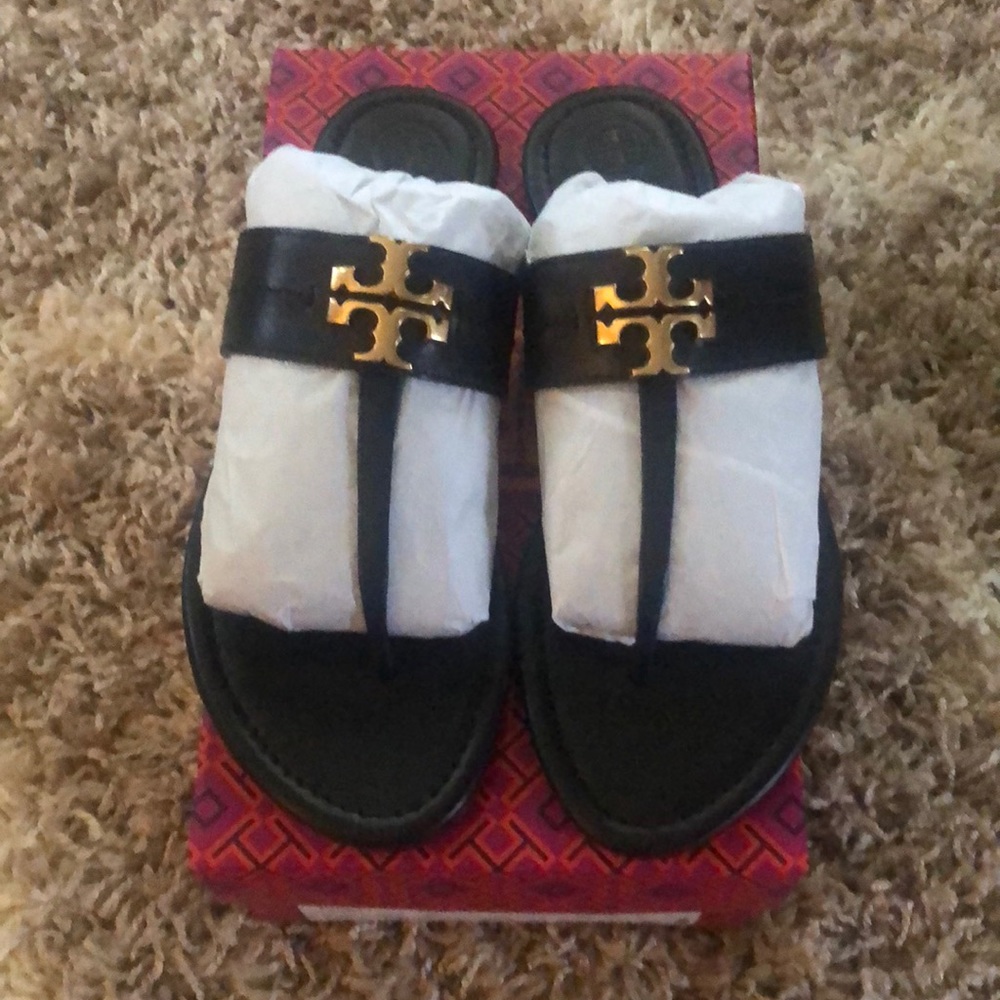 Tory Burch Everly Backless Flat Thong Sandal in “perfect black” size 9.5